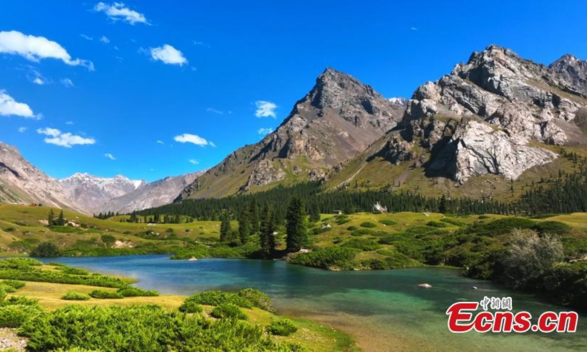 A stream is surround by Tianshan Mountains in Jinghe County, Bortala Mongolian Autonomous prefecture, northwest of Xinjiang Uyghur Autonomous Region. Photo:China News Service