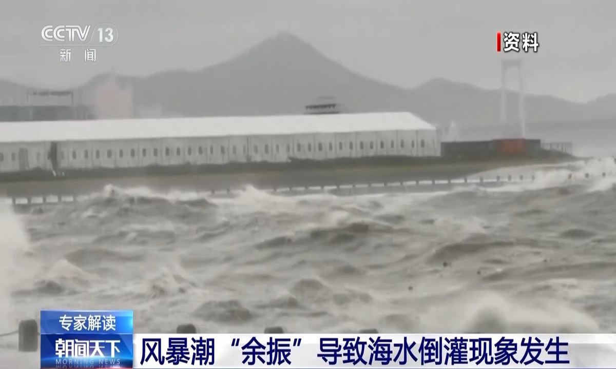 Backflow of seawater from the coast to inland causes flooding in multiple coastal cities in Northeast China's Liaoning Province and North China's Hebei Province. Photo: CCTV