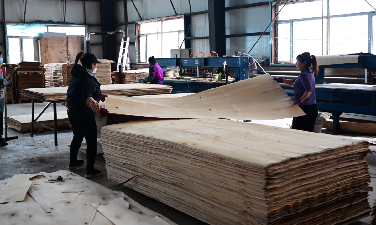 Workers move processed wood at workshop of Heilongjiang New Silk Road Forestry Products Co in Heihe on October 10, 2024. Photo: Tao Mingyang/GT