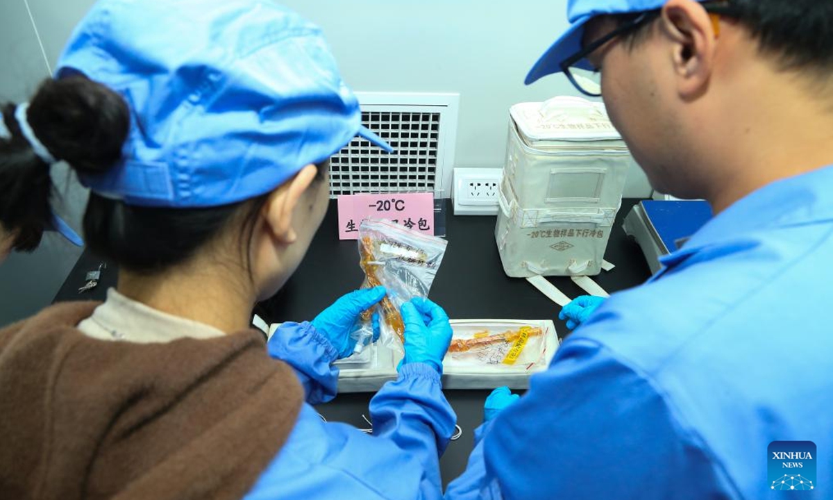 Researchers examine space station experimental samples brought back by the Shenzhou-18 spacecraft at the Technology and Engineering Center for Space Utilization under the Chinese Academy of Sciences in Beijing, capital of China, Nov. 4, 2024. (Technology and Engineering Center for Space Utilization under the Chinese Academy of Sciences/Handout via Xinhua)